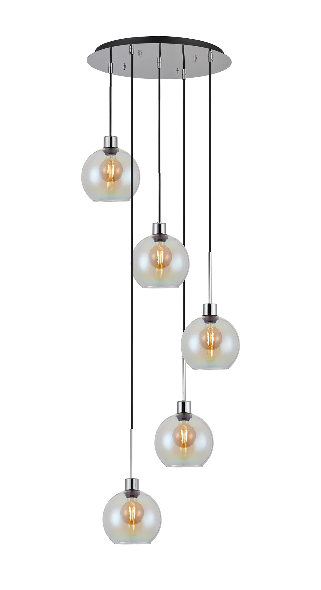 DK1287  Lori 45cm Round Pendant, 5 Light Adjustable E27, Polished Chrome/Iridescent Open Mouth Round Globe Shades